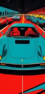 Retro car racing scene with vibrant sports cars on dynamic track, teal dominant.