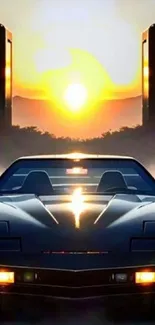 Retro car at sunset with glowing horizon, ideal for mobile wallpaper.