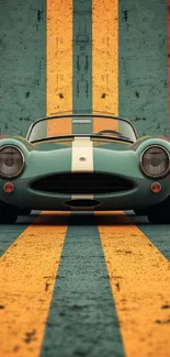 Retro car with vibrant teal, yellow, and red background stripes.