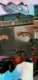 Vintage red car with cosmic elements and historic architecture.