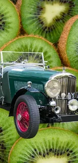 Vintage car amidst sliced kiwi background wallpaper.