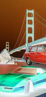 Retro cars parked near a large orange bridge.