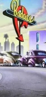 Vibrant retro cars on a city street with a dynamic sky backdrop.