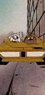 Retro cartoon with characters in a yellow car.