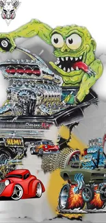 Retro cartoon monster driving hot rod car.