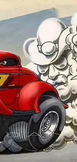 Retro cartoon red car speeding with smoke