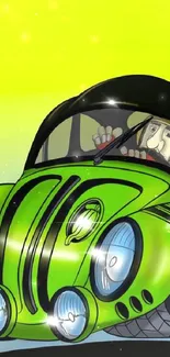 Whimsical green cartoon car on vibrant background.