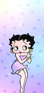 Retro cartoon character with hearts and purple gradient background.