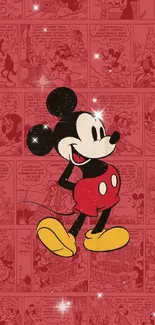 Retro cartoon character on red comic background.