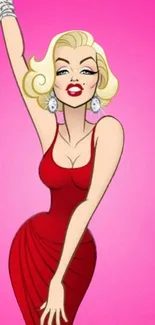 Cartoon woman in red dress on pink background, exuding retro glamour.