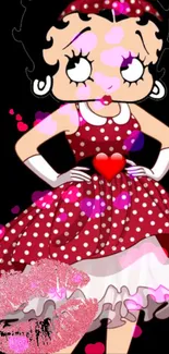 Classic cartoon character in red polka dot dress with hearts and kiss print.