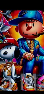 Vibrant cartoon characters in stylish hip-hop attire on a mobile wallpaper.