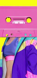 Retro cassette head with vibrant neon fashion.