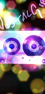 Retro cassette on vibrant bokeh background with 'Nostalgia' text.