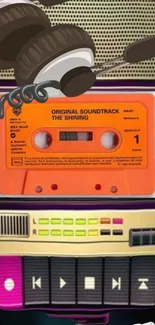 Retro cassette music wallpaper with headphones in bold orange design.