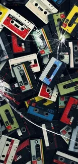 Retro cassette tapes scattered on a black background wallpaper.