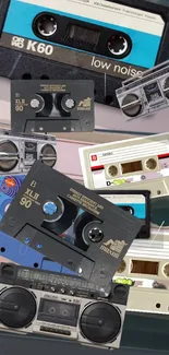 Retro cassette tapes and boombox design wallpaper.