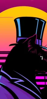 Retro cat in top hat with neon sunset and purple hues.