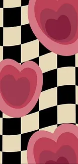 Retro checkered wallpaper with pink hearts and vintage design.