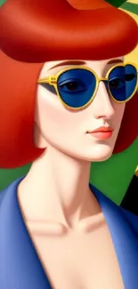 Retro art wallpaper featuring a stylish woman with red hair and blue glasses.