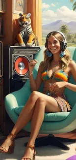 Woman in headphones with retro decor and tropical backdrop.