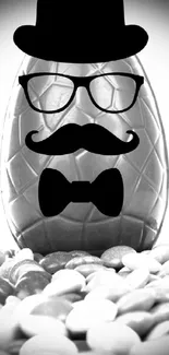 Quirky chocolate egg with a gentleman's face and colorful candy background.