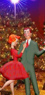 Retro couple dancing by a Christmas tree.