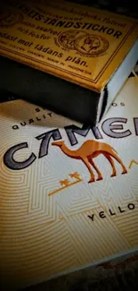 Vintage Camel cigarettes pack with retro matchbox.