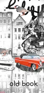 Retro city collage with vintage car and buildings.