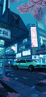 Pixel art of a neon-lit cityscape with cherry blossoms and a vintage car.