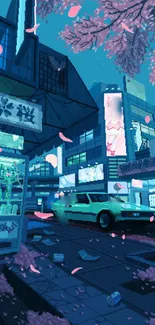 Pixel art of a vibrant retro cityscape at night with neon lights and a car.