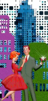 Retro couple in colorful cityscape with artistic dots.