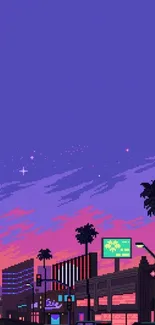 Retro pixel art cityscape with vibrant purple sky and sunset.