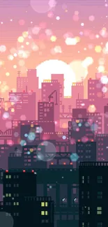 Pixel art retro cityscape during sunset with silhouetted buildings.
