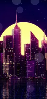 Retro purple city skyline under a full moon with neon accents.