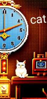 Pixel art wallpaper of a clock and cats with warm colors.