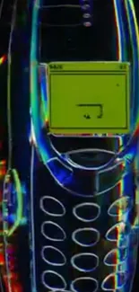 Colorful retro mobile phone with vibrant display and translucent design.