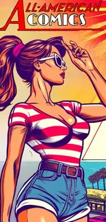 Vintage comic style woman with sunglasses on beach.