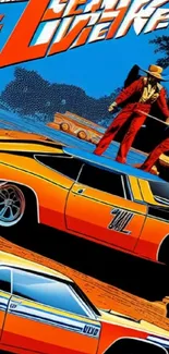 Dynamic retro comic-style wallpaper with vibrant orange cars and adventurous figures.