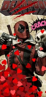 Vintage comic-style Deadpool wallpaper with hearts and skull.