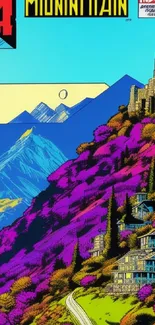 Vibrant retro comic mountain landscape in purple hues.