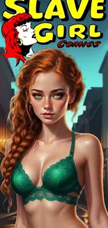 Red-haired girl in retro comic art set against an urban backdrop.