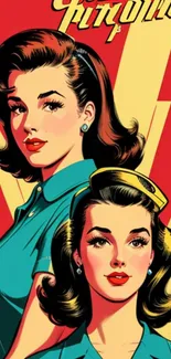 Retro comic style artwork with two women and bold colors.