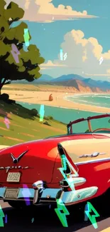 Illustrated red convertible on scenic coastal drive with bright sky.