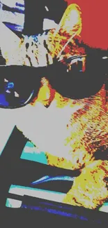 Cat wearing sunglasses in retro style with vibrant colors.