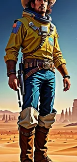 Retro space cowboy in desert landscape with futuristic theme.