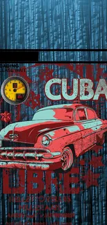 Vintage Cuban car wallpaper in vibrant retro style with red and blue hues.