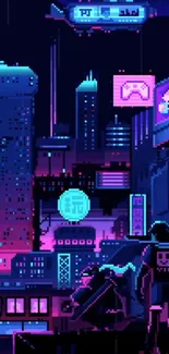 Retro cyberpunk cityscape with neon lights and futuristic skyline in pixel art.