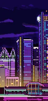 Pixel art of a vibrant cyberpunk city skyline with neon lights.