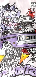 Vintage demon car with graffiti art in purple tones.